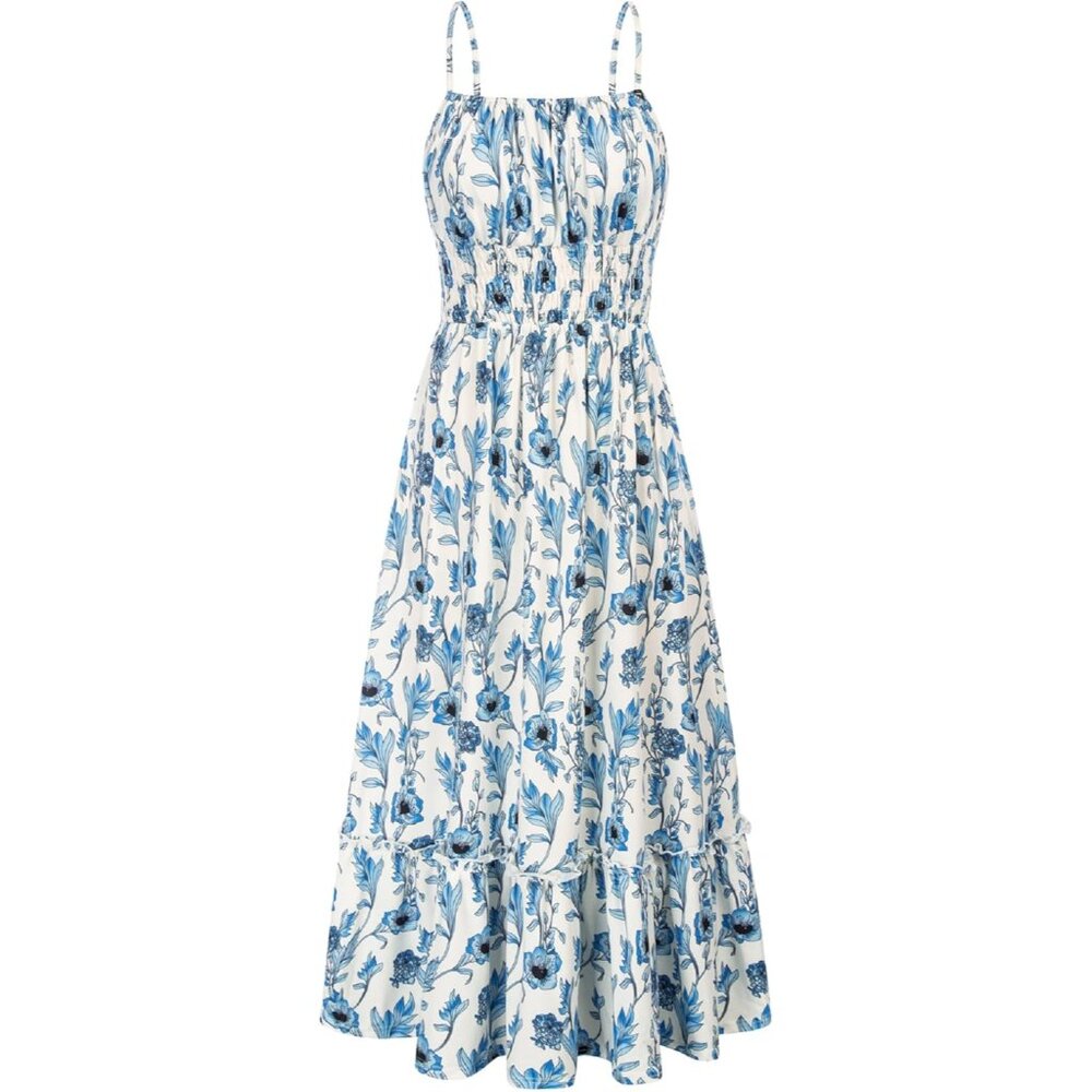 Womens Summer Maxi Dress Sleeveless Floral Spaghetti Strap Smocked Boho Pockets